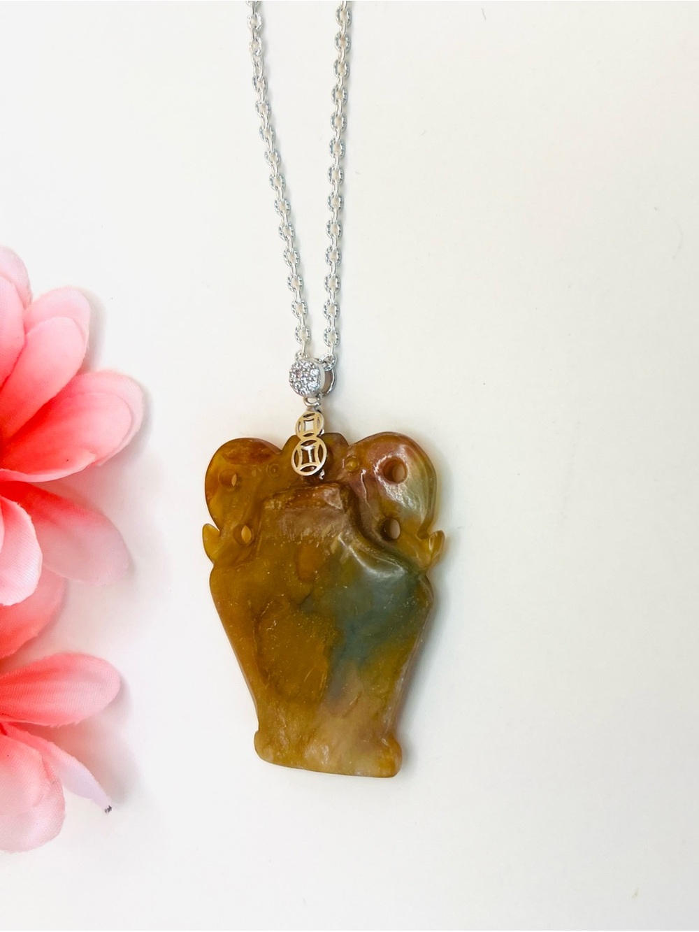Carved stone Pendant Necklace - silver.925 bail with crystals